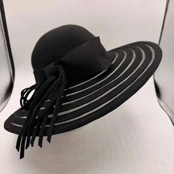Banash Boston Wool Wide Brim Hat – Black with Ribbon Bow – NWT – Size 58 cm - Picture 2 of 10